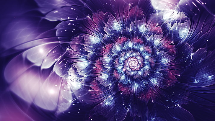 purple and pink petaled flower artwork, abstract, fractal, fractal flowers, glowing, digital art, violet, HD wallpaper