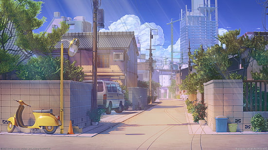 skuter kuning di samping ilustrasi lampu pos, seni digital, karya seni, lanskap, lanskap kota, kota, perkotaan, langit, awan, ArseniXC, Vespa, FLCL, Wallpaper HD HD wallpaper