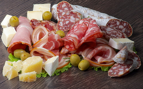 ham lot, greens, cheese, olives, sausage, bacon, cuts, HD wallpaper HD wallpaper