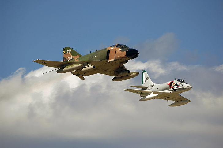 the sky, flight, fighter, attack, F-4, multipurpose, Phantom II, deck, McDonnell Douglas, A-4 Skyhawk, HD wallpaper
