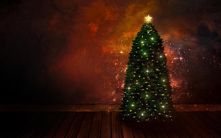 arbre de Noël vert éclairé, Noël, arbre de Noël, lumières de Noël, Fond d'écran HD