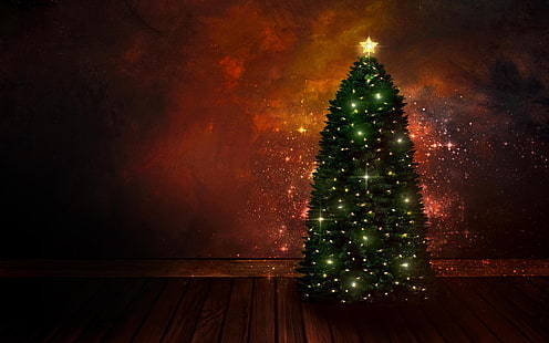 点灯緑のクリスマスツリー、クリスマス、クリスマスツリー、クリスマスライト、 HDデスクトップの壁紙 HD wallpaper