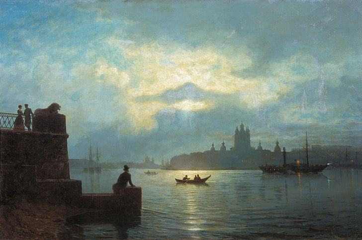 two people beside statue painting, picture, Moonlit night on the Neva, Lagorio, HD wallpaper