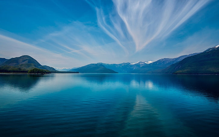 Cuerpo de agua, agua, cielo, nubes, montañas, naturaleza, paisaje, Fondo de pantalla HD