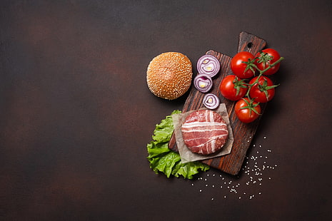  food, meat, vegetables, tomatoes, still life, Onions, HD wallpaper HD wallpaper