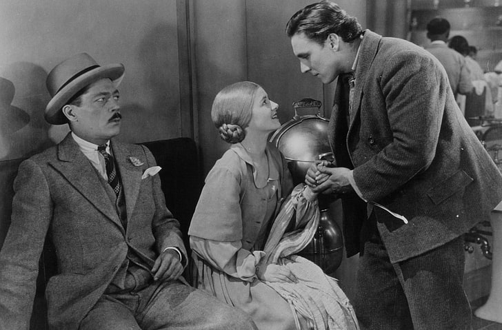 صورة بتدرج الرمادي لرجلين وامرأة ، شروق الشمس أغنية لشخصين ، فيلم صامت ، 1927 ، جانيت غاينور، خلفية HD