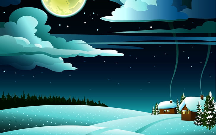 وقت الشتاء الرسم ، السحب ، الثلج ، السماء الزرقاء ، الدخان ، النجوم، خلفية HD
