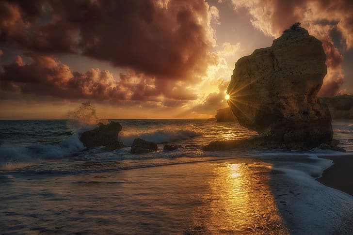 puesta de sol, costa, Portugal, Algarve, Fondo de pantalla HD