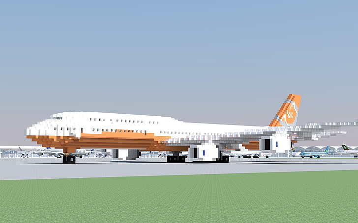 white and orange airliner, aircraft, airplane, Boeing 747, 3D Blocks, airport, Minecraft, HD wallpaper