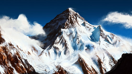 icy mountain painting, mountains, snow, snowy peak, HD wallpaper HD wallpaper