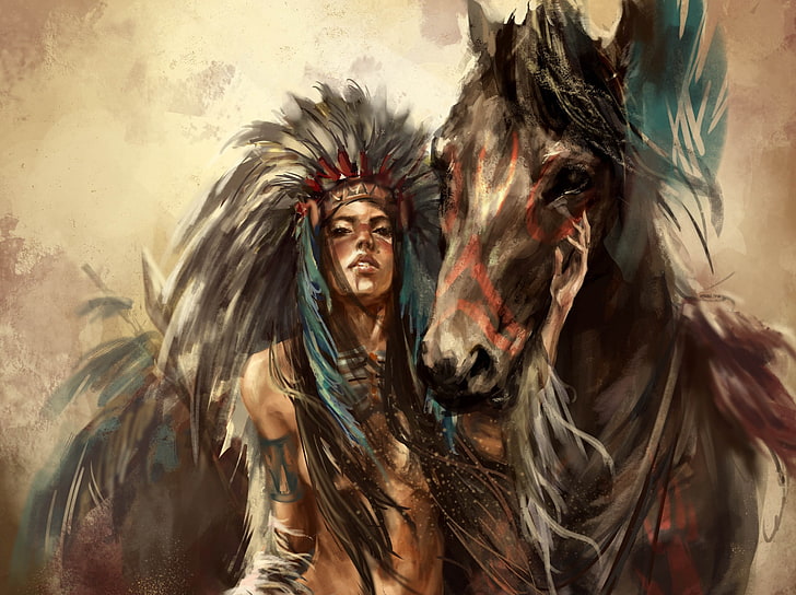 Pittura dei nativi americani, ragazza, cavallo, piume, arte, Sfondo HD