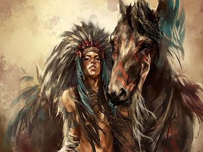 Pintura nativa americana, menina, cavalo, penas, arte, HD papel de parede HD wallpaper
