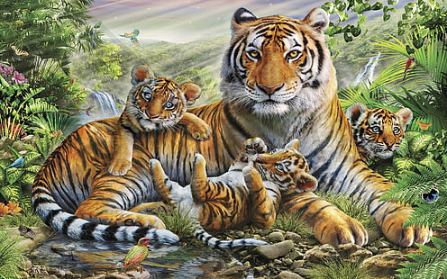 Jungle Animal Tiger With Her Cubs Abstract Wallpaper Hd 1920×1200, HD wallpaper HD wallpaper