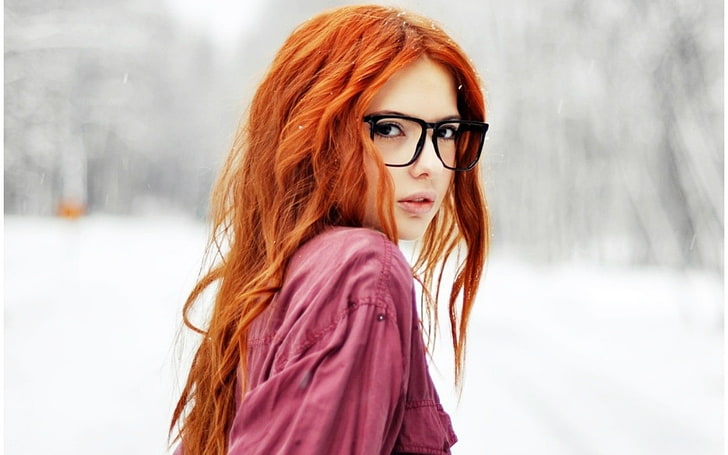 women's eyeglasses with black frames, glasses, redhead, pale, women, women outdoors, snow, model, long hair, dark eyes, Ebba Zingmark, HD wallpaper