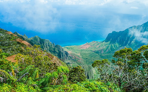 Хавай, красива природа пейзаж, синьо море, планини, дървета, Хавай, красива, природа, пейзаж, синьо, море, планини, дървета, HD тапет HD wallpaper