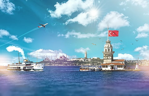 Города, Стамбул, Голубая мечеть, Собор Святой Софии, Пейзаж, Море, Башня, Турция, HD обои HD wallpaper