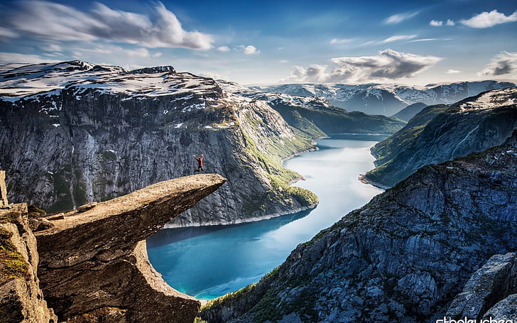 vattensamling, natur, landskap, berg, hoppning, fjord, Norge, Trolltunga, HD tapet