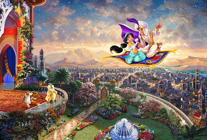 Disney Aladdin and Jasmin wallpaper, aladdin, jasmine, sultan, flight, flying carpet, HD wallpaper