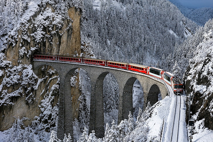 мост, гора, планина, железопътна линия, сняг, Швейцария, влак, дървета, тунел, зима, HD тапет