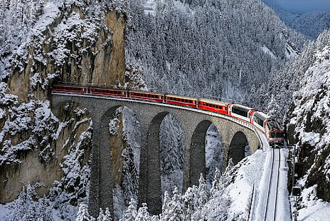 мост, лес, гора, железная дорога, снег, Швейцария, поезд, деревья, тоннель, зима, HD обои HD wallpaper