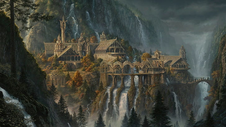 Le Seigneur des Anneaux, cascade, Le Seigneur des Anneaux: La Communauté de l'Anneau, Rivendell, art fantastique, Fond d'écran HD