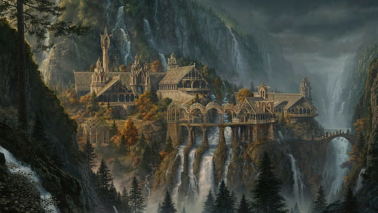 The Lord of the Rings, waterfall, The Lord of the Rings: The Fellowship of the Ring, Rivendell, fantasy art, HD wallpaper HD wallpaper