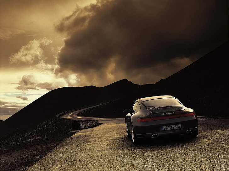 Porsche Carrera nera, strada, nuvole, 911, 997, Porsche, Meteo, Carrera 4, Sfondo HD