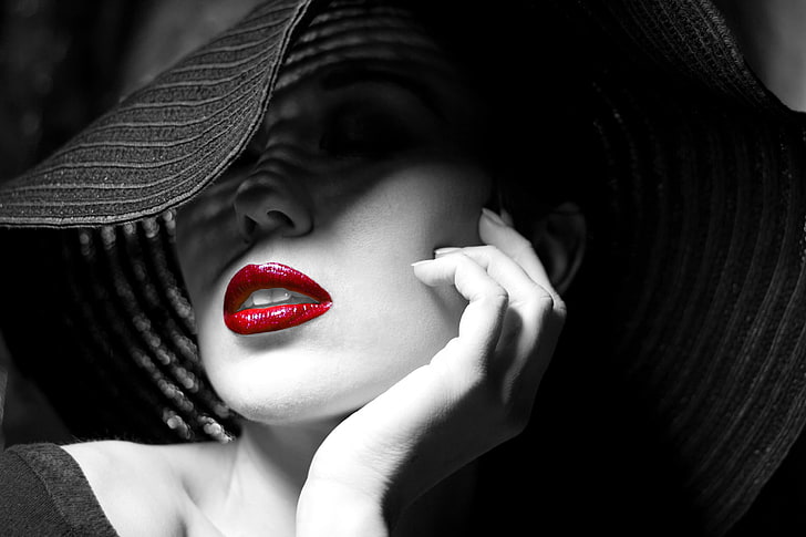 rossetto rosso femminile, ragazza, viso, mano, trucco, rossetto, labbra, cappello, Sfondo HD