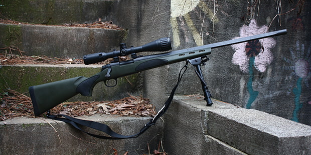 черная снайперская винтовка, пистолет, снайперская винтовка, Remington 700 VTR, винтовка действия болта, оружие, лестница, HD обои HD wallpaper