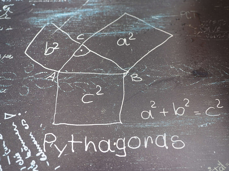 angle, at right angles, board, chalk, equation, formal, geometry, graphic, hypotenuse, learn, mathematics, pythagoras, school, square, square root, triangle, HD wallpaper