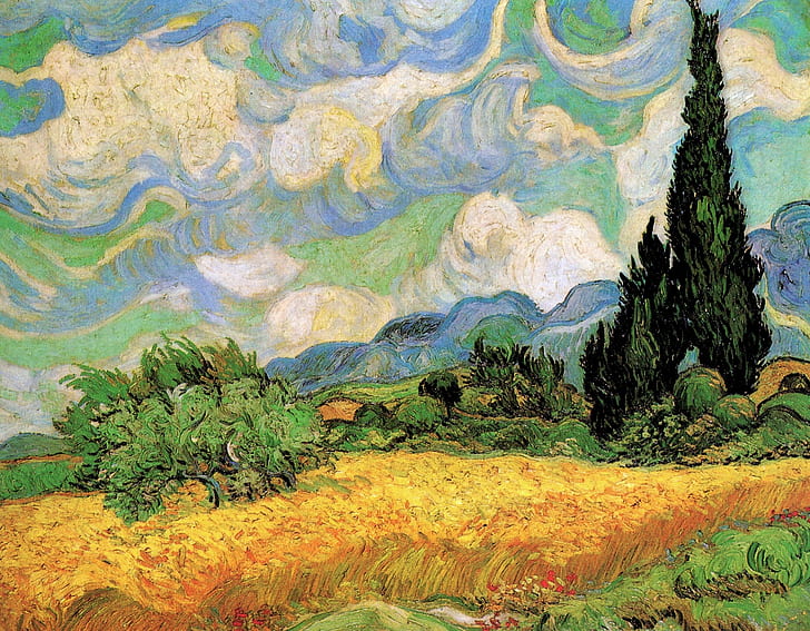 Vincent van Gogh, Campo de trigo com, Galline Near, Ciprestes no Alto, Eygalieres, HD papel de parede