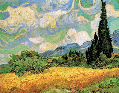 Vincent van Gogh, campo de trigo con gallina cerca, cipreses en el Haute, Eygalieres, Fondo de pantalla HD HD wallpaper