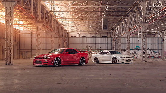Nissan Skyline GT-R R34, Nissan Skyline GT-R, Nissan Skyline, Nissan, รถยนต์ญี่ปุ่น, JDM, รถสีแดง, รถสีขาว, รถสปอร์ต, รถ, ยานพาหนะ, กราฟฟิตี, สตรีทอาร์ต, วอลล์เปเปอร์ HD HD wallpaper