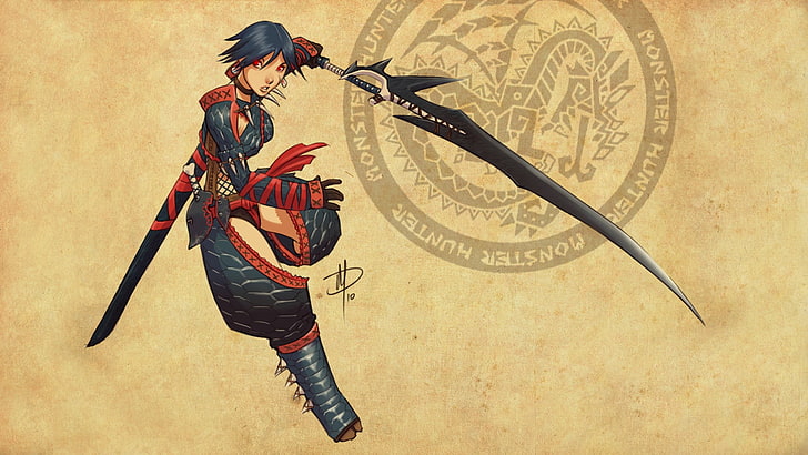 жена, държаща илюстрация на меч, Monster Hunter, nargacuga, HD тапет