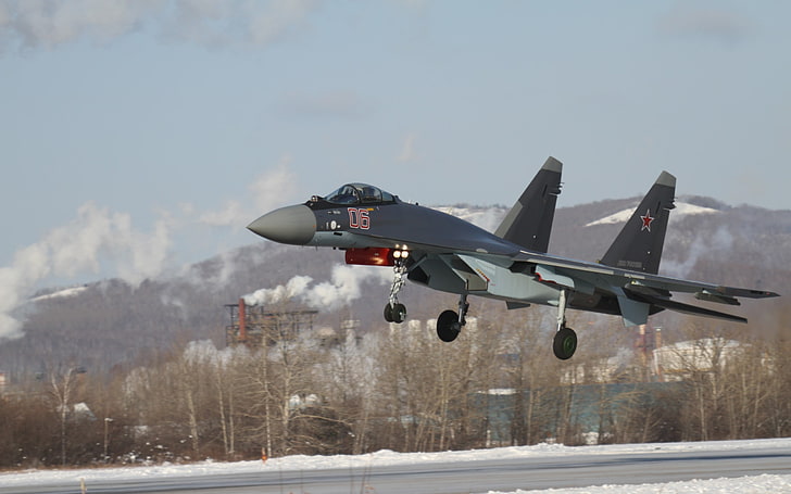 pancing hitam dan abu-abu, Sukhoi Su-35, pesawat militer, pesawat terbang, militer, Wallpaper HD