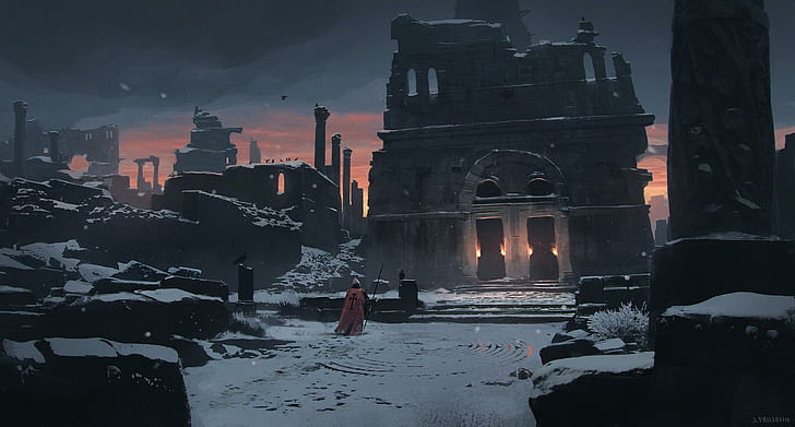 ruins, soldier, spear, snow, building, sunset, torches, HD wallpaper