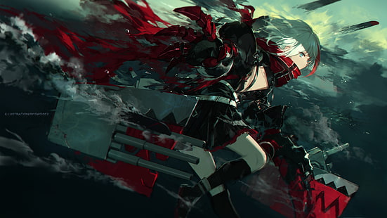жена с тежко оръжие аниме персонаж илюстрация, вода, кораб, шал, коляно, Azur Lane, swd3e2, HD тапет HD wallpaper