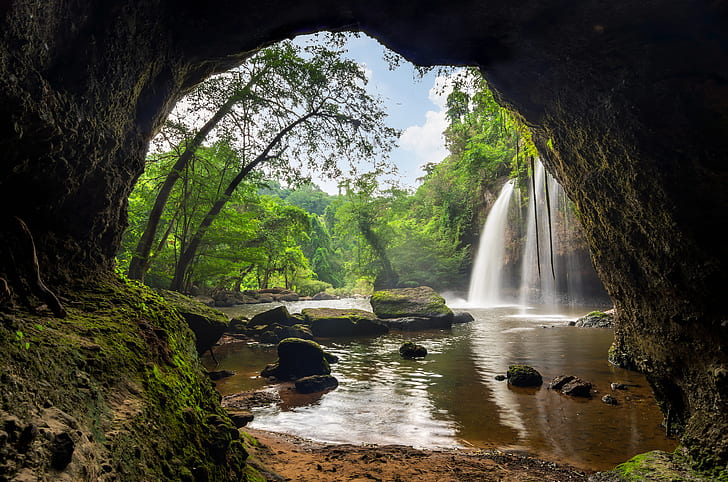 Caves, Cave, Lake, Nature, Rock, Tree, Waterfall, HD wallpaper