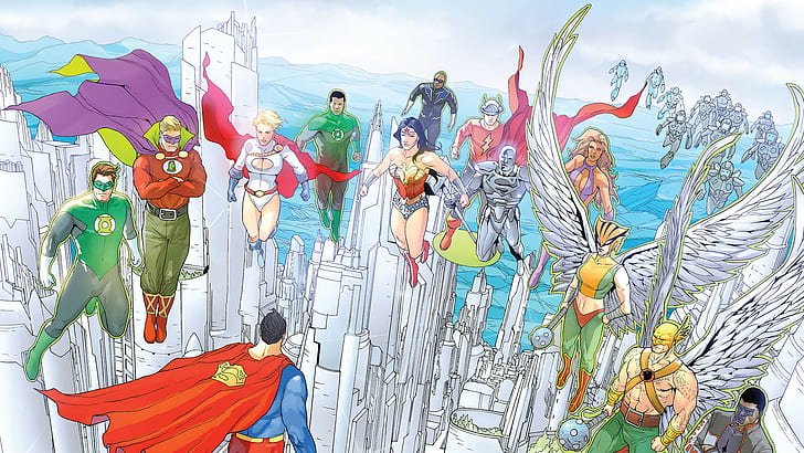 การ์ตูนดีซี, Justice League, Hal Jordan, Alan Scott, John Stewart, Wonder Woman, Black Lightning, Steel (การ์ตูนดีซี), Jay Garrick, Starfire (การ์ตูนดีซี), Hawkgirl, Hawkman, Mister Terrif, Power Girl, Green Lantern, The แฟลชซูเปอร์แมน, วอลล์เปเปอร์ HD