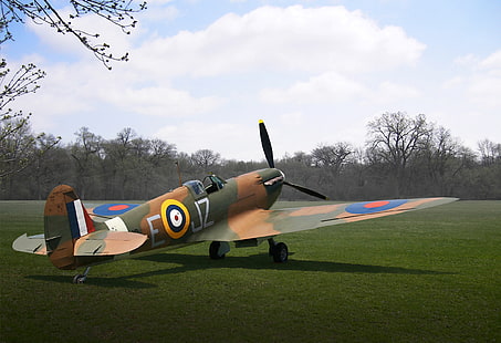 campo, erba, figura, arte, l'aereo, WW2, il combattente inglese, Supermarine Spitfire Mk I, Sfondo HD HD wallpaper