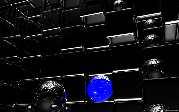papel tapiz digital negro, gris y azul, cubo, esfera, forma, superficie, espacio, Fondo de pantalla HD