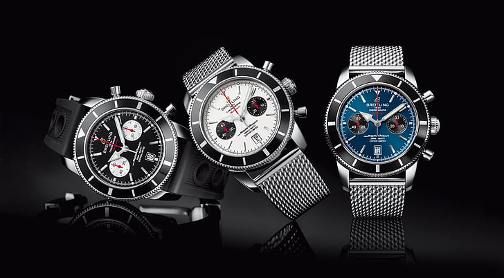 three smartwatches of various colors, Watch, Breitling, chronographe heritage superocean 44, HD Wallpaper