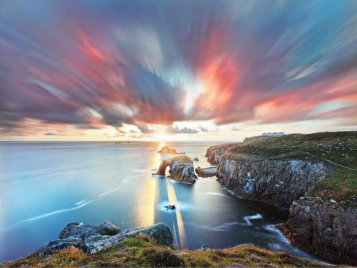 South West England, Cornwall, time lapse photography of skies during sunset, sun, rocks, beach, rays, light, summer, arch, July, night, Cornwall, South West England, HD wallpaper