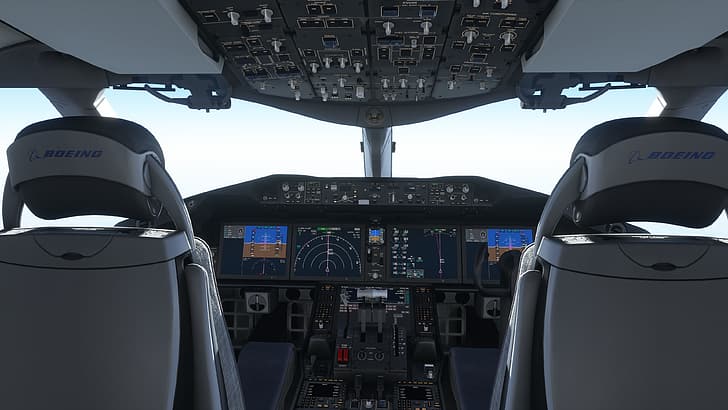 симулятор полета, Microsoft Flight Simulator, Microsoft Flight Simulator 2020, Boeing 787, кабина экипажа, самолет, полет, HD обои