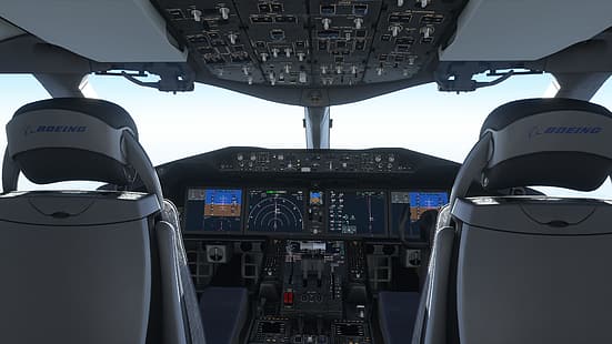 симулятор полета, Microsoft Flight Simulator, Microsoft Flight Simulator 2020, Boeing 787, кабина экипажа, самолет, полет, HD обои HD wallpaper