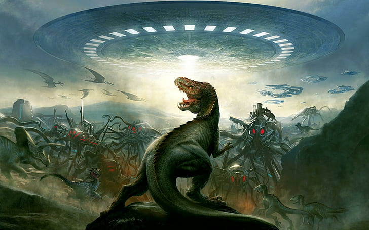 Dinosaurier vs utomjordingar, grå och svart t-rex illustration, fantasi, 1920x1200, rymdskepp, främling, dinosaurie, strid, HD tapet