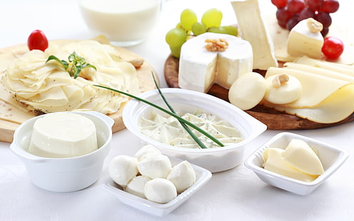 ассорти из продуктов, молоко, сыр, виноград, орехи, зелень, HD обои HD wallpaper