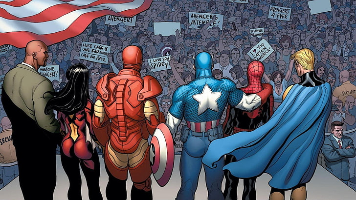the crowd, Iron Man, Captain America, Marvel Comics, Spider-Man, Spider-Woman, Sentry, Luke Cage, HD wallpaper