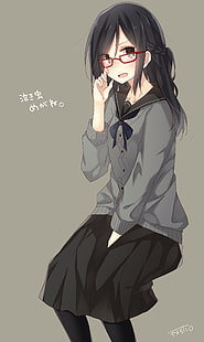 postać kobiecego anime, anime, anime dziewczyny, sweter, okulary, długie włosy, czarne włosy, brązowe oczy, Tapety HD HD wallpaper