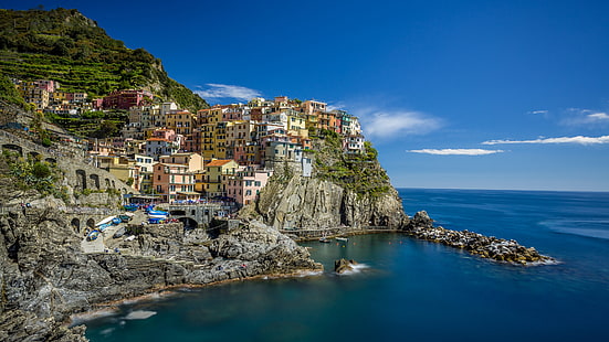 turystyka, la spezia, Liguria, lato, błękitne niebo, lato, europa, wioska, zatoka, miasto, włochy, morze, cinque terre, manarola, teren, skała, klif, cypel, woda, niebo, wybrzeże, Tapety HD HD wallpaper